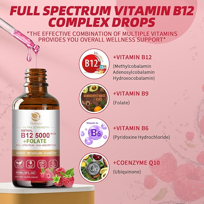 Vitamin B12 Sublingual Drops Vegan B12 Vitamins Liquid-Full Spectrum-Methylcobalamin, Adenosyl & Hydroxy B12, for Energy, Focus, Mood & Immune Support- 2 Month Supply, 2 fl oz