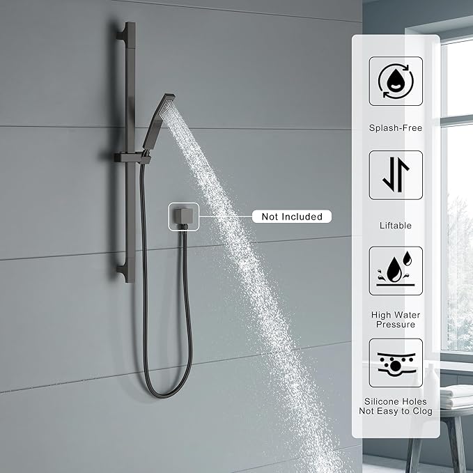 Matte Black Handheld Shower with Slide Bar Square Handheld Shower Head with Hose High-Pressure Shower Head with 29" Long Slide Bar Combo Adjustable Height