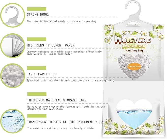 14 Pack Moisture Absorber Hanging Bags,220g/Pack Fagrance Free Moisture Bag,Hanging Closet Dehumidifier Bags for Basement Closet Storeroom