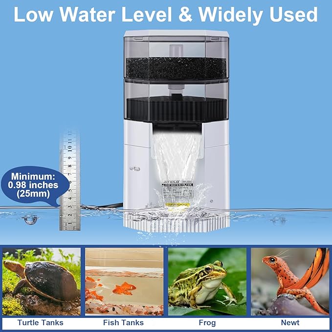 225 GPH Turtle Tank Filter for 10-40 Gallon, Turtle Filter Low Water Level Available, Aquarium Filter with 2-Stage Waterfall Bio-Filtration, Fish Tank Filters for Shrimps, Amphibians, Turtle Tank