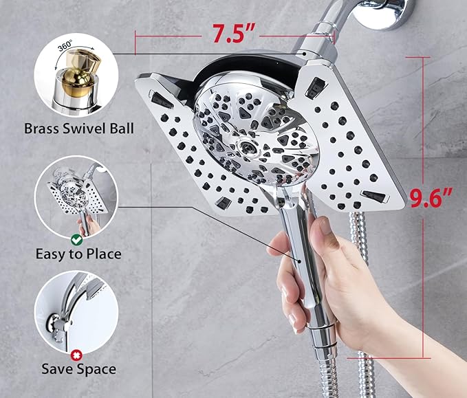 2.5 GPM Shower Head with Handheld: 2-in-1 High Pressure Shower Heads with Handheld Spray Combo 7.5" Rain Shower and 10 Spray Settings Handheld Shower Head, Detachable Showerhead with Hose