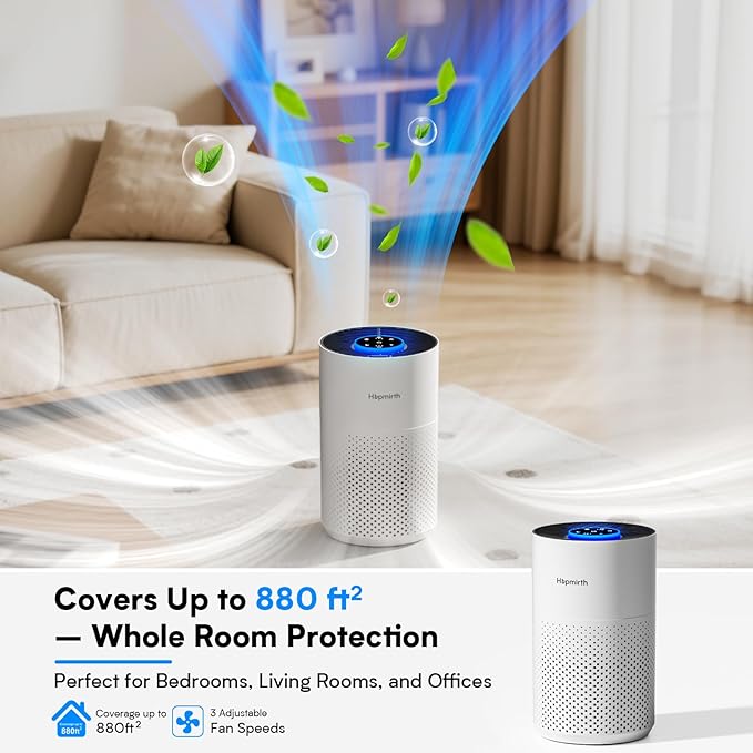 Upgraded Air Purifiers for Bedroom & Home with H14 True HEPA Filter, Covers Up to 880ft², 360° Air Intake, Quiet Pet Air Purifier, Fragrance & Timer, Removes Smoke, Pet Dander & Pollen, White