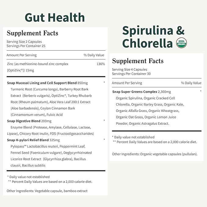 Snap Supplements Gut Health & Spirulina Chlorella Bundle – Turmeric, Aloe, Pylopass Probiotics & Alkalizing Greens Complex – Digestive, Detox & Antioxidant Support – 50 + 120 Capsules