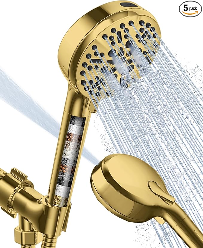 Filtered Shower Head with Handheld Gold, BOWGER 6 Modes High Pressure Shower Heads with Power Wash Mode and Hard Water Filter, Detachable Hand Held Showerhead Set with Extra Long Hose, Golden