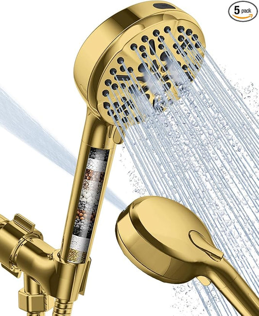 Filtered Shower Head with Handheld Gold, BOWGER 6 Modes High Pressure Shower Heads with Power Wash Mode and Hard Water Filter, Detachable Hand Held Showerhead Set with Extra Long Hose, Golden
