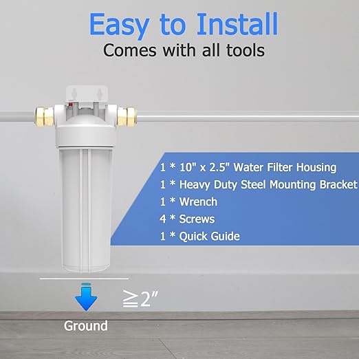 FHW10 Whole House Water Filter Housing, Fit 10"x2.5" Sediment etc Filters for Well and City Water, Pre-Filtration System for Home, 3/4" NPT Port, Pressure Release