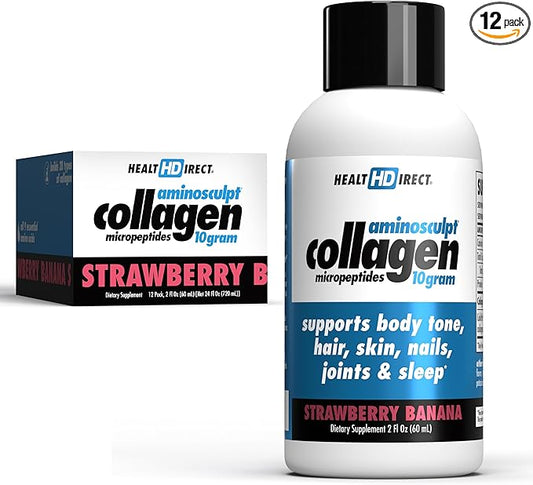 HEALTH DIRECT – Medical-Grade Liquid Collagen Shots – AminoSculpt Sugar-Free – Strawberry Banana – 12 Servings, (12pk, 2oz Shots) – Good for Joints, Bones, & Sleep – Better Hair, Skin & Nails