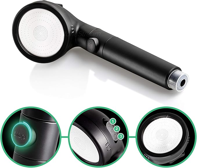 Original StoneStream® EcoPower Shower Head System — Spa Like Ionic Filter to Soften Water, Increase Pressure & Save Water — Multi Function Showerhead + 4-in-1 Wall Adapter Kit — Matte Black