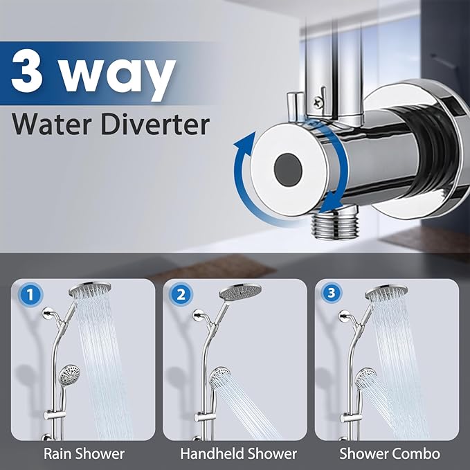 High Pressure Shower Head with Handheld Shower, 26" Adjustable Height Drill-Free Slide Bar, 3-Way Diverter for Easy Reach, Dual Shower Head Combo Set with 5ft Hose - Chrome