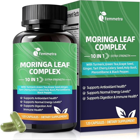 Moringa Turmeric Capsules, Femmetra 10-in-1 Moringa Leaf Complex, Energy, Skin, Immune & Gut Health Superfood, Rich in Antioxidants, Vitamins & Amino Acids with EGCG Grape Ginger Basil Extract, 60 Day