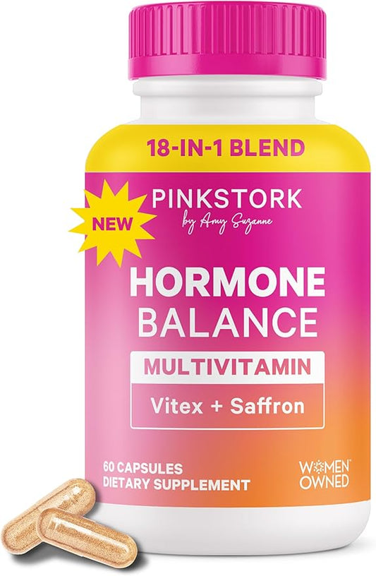 Pink Stork Hormone Balance Multivitamin - 18-in-1 Daily Vitamin with Adrenal and Cortisol Support - Mood, Stress, Energy Support - Perimenopause, PMS and Period Relief - Vitex + B-Complex + Saffron