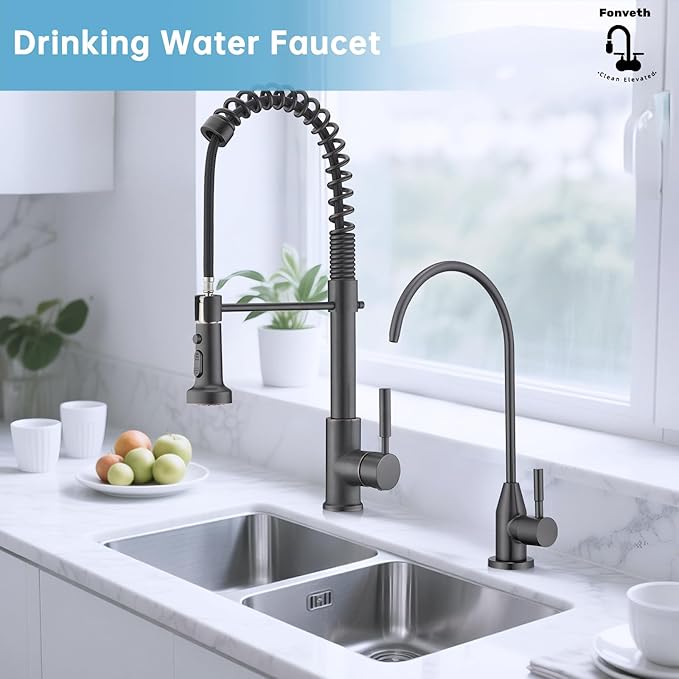 Drinking Water Faucet, Gunmetal Grey Faucet Stainless Steel for Under Sink Water Filter System Reverse Osmosis Non-Air Gap for Kitchen