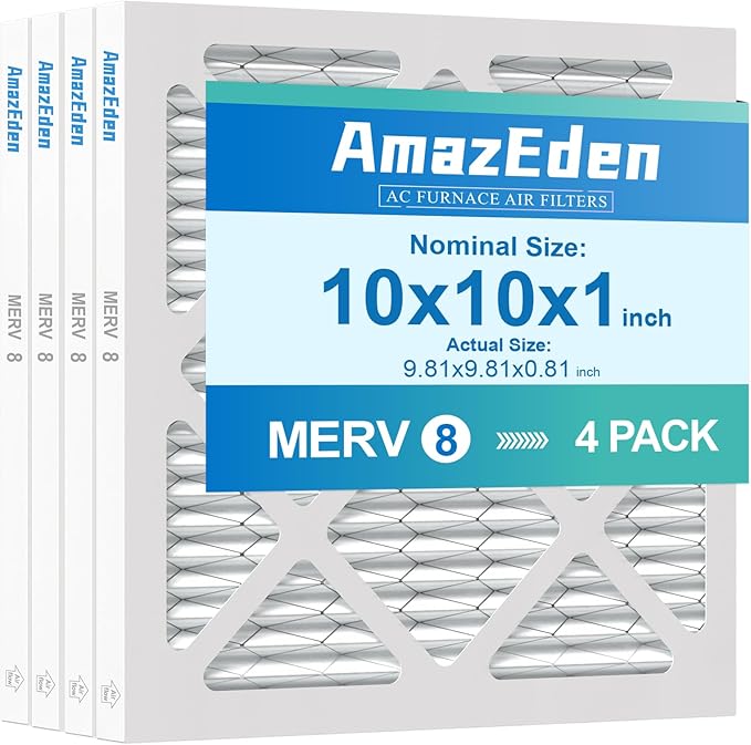 10x10x1 Air Filter (4-Pack) MERV 8 MPR 600 HVAC AC Furnace Pleated Filters Dust Defense Replacement for Home (Exact Dimensions: 9.81x9.81x0.81 Inches)
