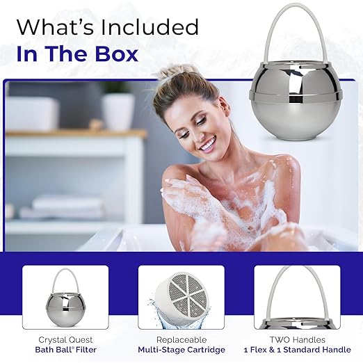 Crystal Quest Bath Ball Water Filter for Bathtub - 3-Stage Filtration, Removes Chlorine, Chloramine & Byproducts, 2,500 Gallons, BPA Free, pH Balanced Water, Fits Most Tubs, Easy Install - Chrome