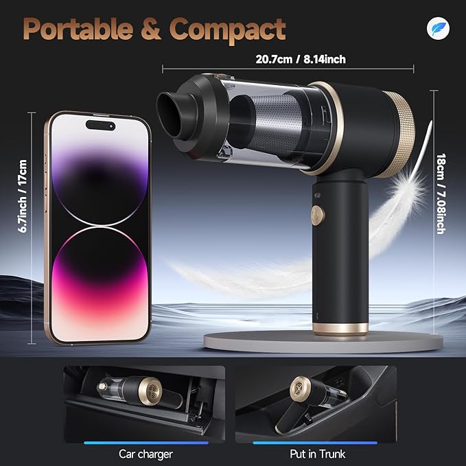 Car Vacuum Portable Cordless, Hand Vacuum with 16000PA High Power, 7 in 1 Mini Car Vacuum Cleaner with One-Click Empty, Dual Hepa Filter, LED Light, Type-C Charging Small Handheld Vac