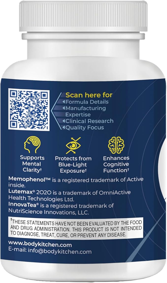 Body Kitchen EXEED Mind Crafted Supports Mental Clarity, Cognitive Function, with Memophenol, Lutemax 20/20, InnovaTea, Veggie Caps, 60 Count