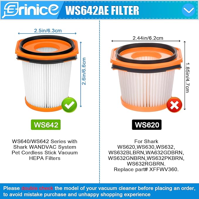 WS642AE Filter for Shark Wandvac Self-Empty Cordless Stick Vacuum WS642AE Replacement Part, 4 HEPA Filter + 4 Foam & Felt Filter + 2 Base Post-Motor Filter + 1 Cleaning Brush