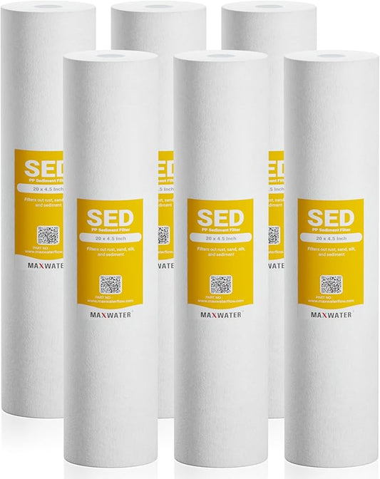 Max Water 5 Micron 20 x 4.5 Sediment Filter 20 inch Whole House BB Water Filteration System Replacement Compatible Cartridge DGD-5005-20, FP25B, AP810-6, FPMB5-20, P5-20, 155358-43, 6 Pack