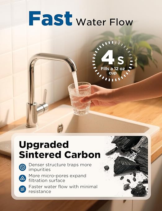 NOVETE Under Sink Water Filter System, Upgraded 30,000 Gallons, NSF/ANSI 42 & 372 Certified, Reduces 99% Chlorine, Lead, PFOA/PFOS, Bad Taste & Odor, Direct Connect to Kitchen Faucet, UWF1A-PC, Black