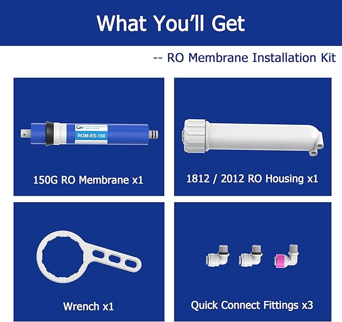 150 GPD RO Membrane Filter Replacement with Reverse Osmosis Membrane Housing, Wrench, 1/4" Quick-Connect Fitting, Check Valve, Fit Under Sink RO Home Drinking Water Filter Filtration Purifier System
