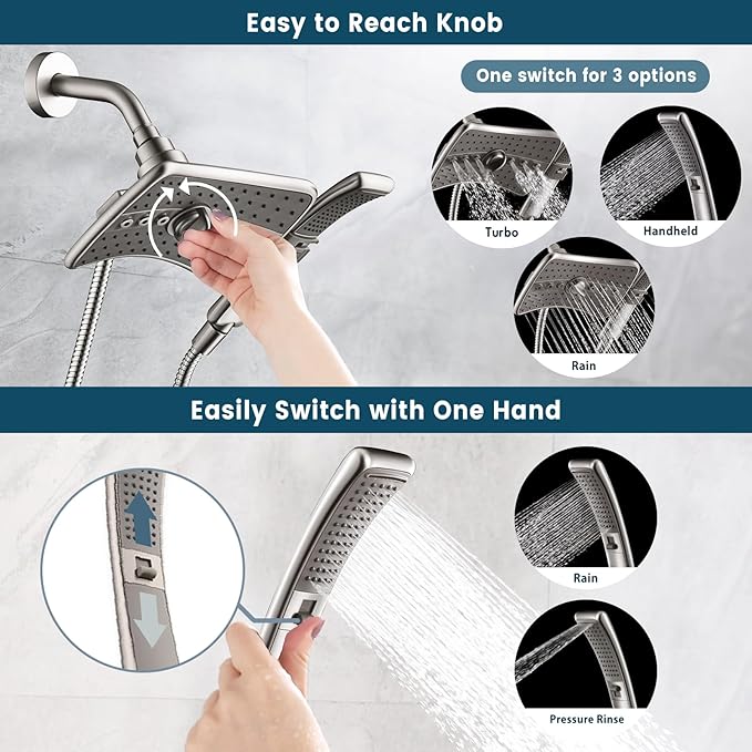BRIGHT SHOWERS High Pressure Shower Head Combo with Two Spray Setting Fixed Shower Head and Two Spray Settings Handheld Shower Head with Grey Face, Brushed Nickel