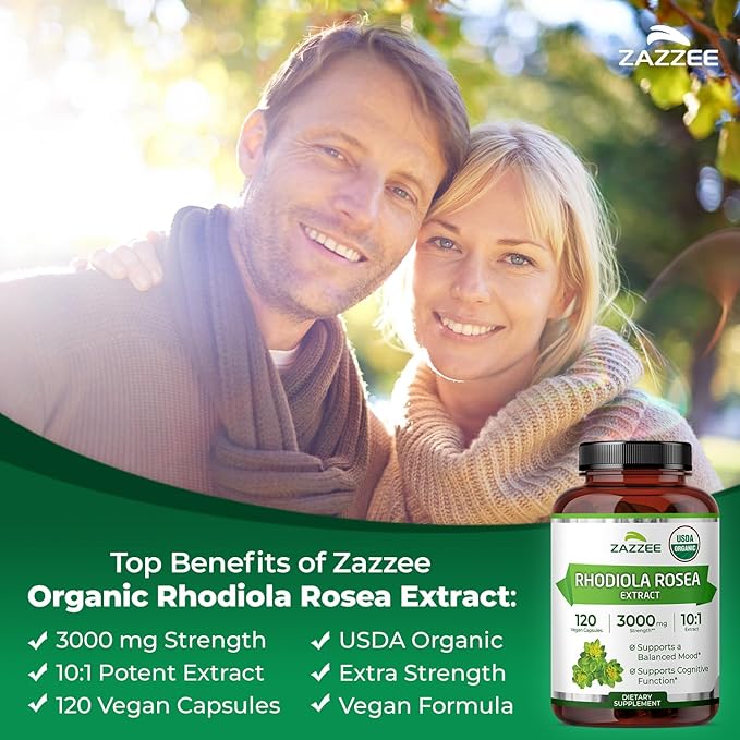 Zazzee USDA Organic Rhodiola 10:1 Exract, 3000 mg Strength, 120 Capsules, 4 Month Supply, Standardized and Concentrated 10X Extract, 100% Vegetarian, Extra Strength, All-Natural and Non-GMO
