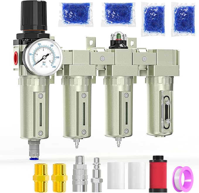 1/2" NPT Heavy Duty Industrial Grade 4 Stage Air Drying System,Auto Drain,Coalescing Filter,Double Particulate Filter,Desiccant Dryer and Air Regulator For Plasma Cutter and Paint Spray