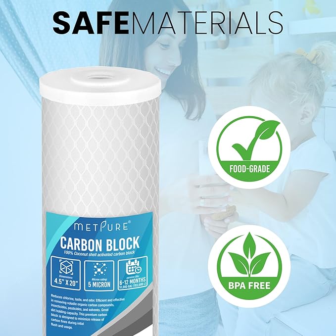 Universal 5 Micron 20” x 4.5” Whole House Carbon Water Filter Cartridge Replacement - Coconut Shell Carbon Block CTO. Compatible with Pentek, iSpring, and more. 1-Pack