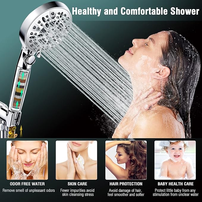 2.5GPM Handheld Shower Head with Filter:9 Spray Modes High Pressure Shower Head with ON/OFF Pause Switch, 15 Stage Shower Head Filter for Hard Water Remove Chlorine and Harmful Substances