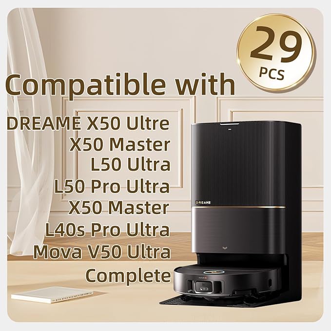 29 Pack Accessories Kit Compatible with Dreame X50 Ultra Complete/L50 Pro Ultra/L50 Ultra/X50 Master/L40s Pro Ultra/Mova V50 Ultra Complete Replacement Parts, Main Brushes Dust Bags