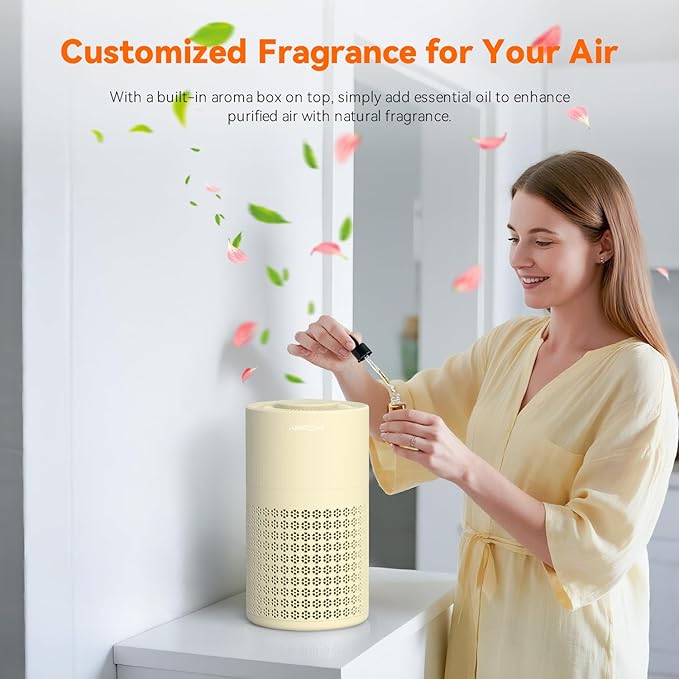AIRROMI Air Purifier for Bedroom with HEPA Fet Filters, Pet Air Purifiers for Home Cat Pee Smell, Covers Up to 990Ft², Quiet 360° intake Air Cleaner for Allergies Dust Smoke Odor A2001 Yellow