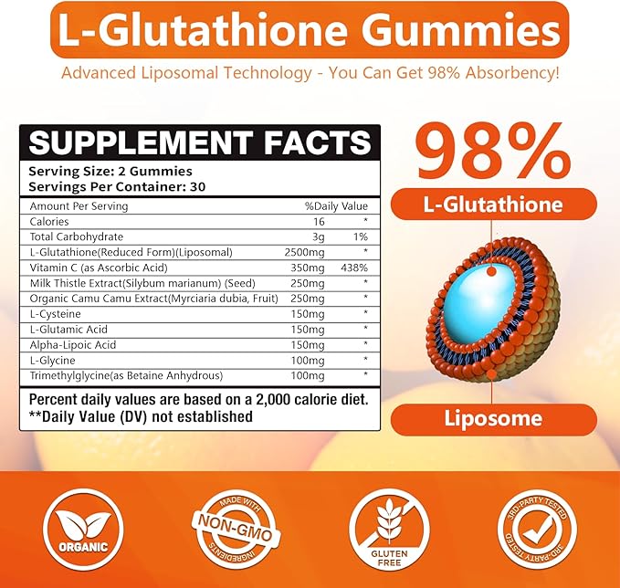 1 Pack 2500MG Liposome Glutathione Gummies, Composite L-Cysteine, L-Glycine Synergies, Collocation Milk Thistle Protect Liver, Increas 98% Absorption Rate, Whitening Skin Antioxidant Anti-Aging