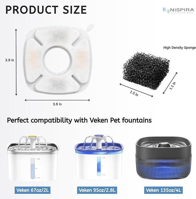 NISPIRA Triple Filtration Charcoal Water Filter Set Replacements for Veken 67oz, 95oz/ 2.8L, 135oz Automatic Stainless Steal Cat Water Fountain, Dog Water Fountain Dispenser 6 Sets