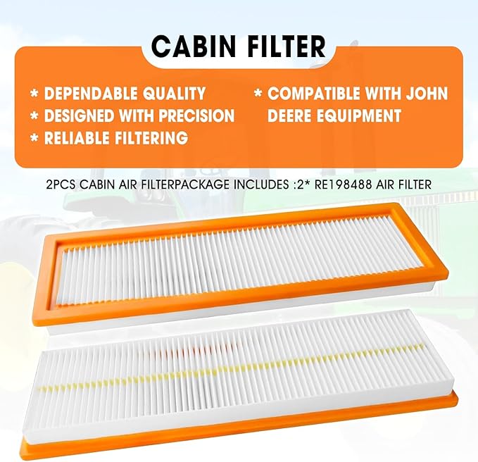 2Pack Cabin Air Filter Replacement for John Deere Tractor 5525 5320 5325 5420 5425 5525 5725 6110D 6115D 6140D 6603 Replaces RE198488 PA30086 WP10160 RE73220