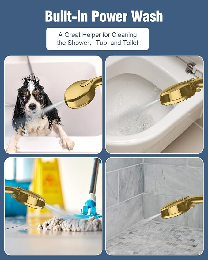 Filtered Shower Head with Handheld Gold, BOWGER 6 Modes High Pressure Shower Heads with Power Wash Mode and Hard Water Filter, Detachable Hand Held Showerhead Set with Extra Long Hose, Golden
