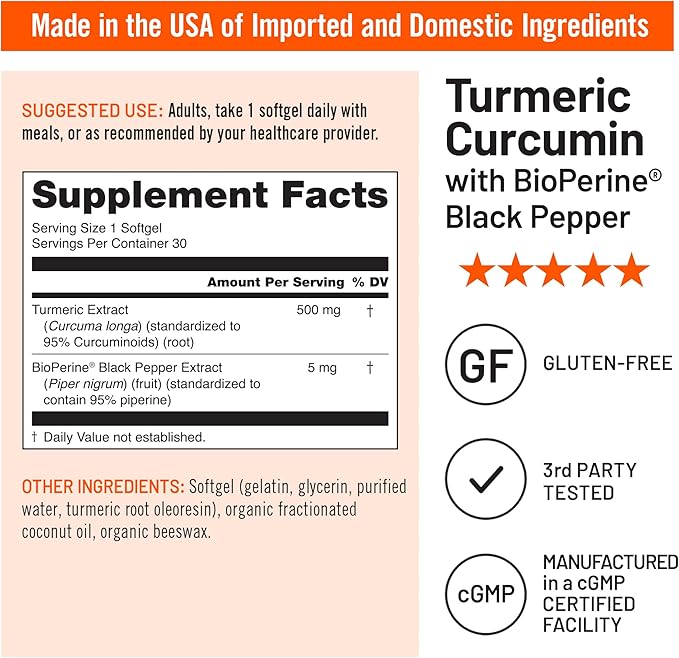 NatureWise Turmeric Curcumin 500mg with Black Pepper Softgels - Extra Strength, Enhanced Absorption - 95% Curcuminoids & BioPerine for Immune Support - Gluten-Free, Non-GMO - 30 Count[1-Month Supply]