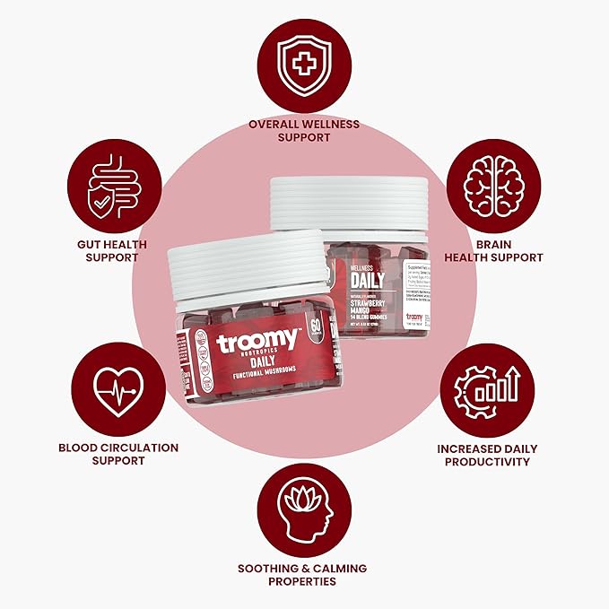 Troomy Daily 14 Mushroom Blend Gummies - Great Tasting Natural Mango Strawberry Flavor, Gelatin-Free, Gluten-Free, Vegetarian - 60 Count