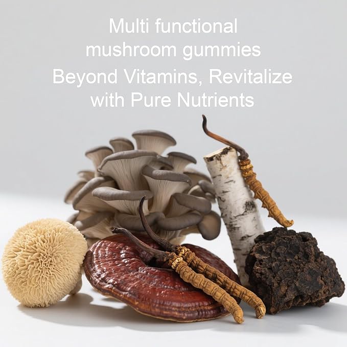 Super Mushroom Daily Gummies - Chaga, Lions Mane, Reishi, Cordyceps Mushroom Supplement Gummy - 60 Gummies (1)