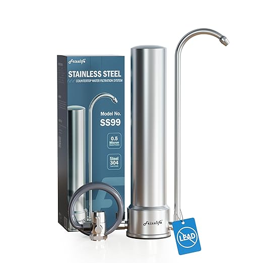 Frizzlife SS99 Countertop Water Filter System, 0.5 Micron NSF Certified 6-Stage Reduces 99.99% Lead, Chlorine, Heavy Metals, Bad Taste & Odor, Stainless Steel Faucet Water Filtration for 8000 Gallons