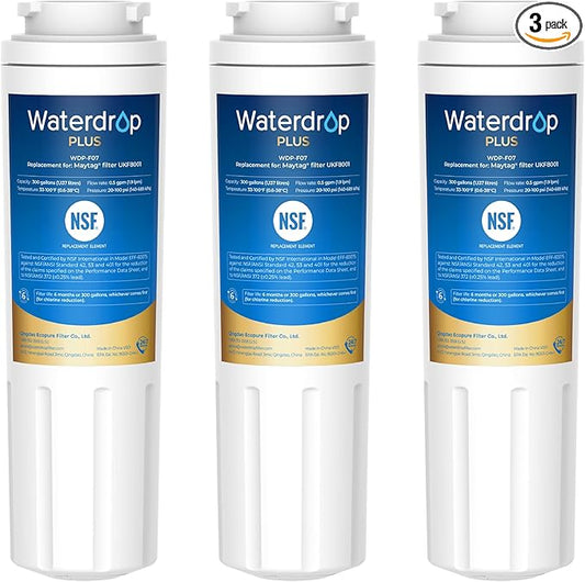 Waterdrop Plus UKF8001 NSF 401,53 Certified Refrigerator Water Filter, Reduce PFAS, Replacement for Whirlpool® Everydrop® Filter 4, EDR4RXD1, Maytag® UKF8001AXX, 3 Filters (Package May Vary)