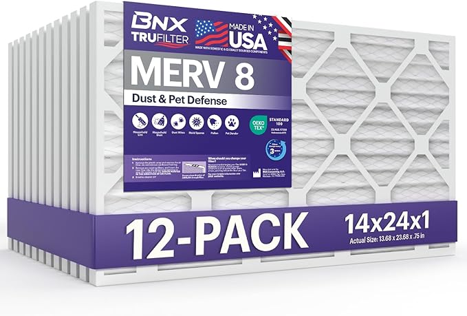 BNX TruFilter 14x24x1 Air Filter MERV 8 (12-Pack) - MADE IN USA – Dust & Pet Defense Air Conditioner HVAC AC Furnace Filters for Dust, Pet, Mold, Pollen MPR 600 – 700 & FPR 5