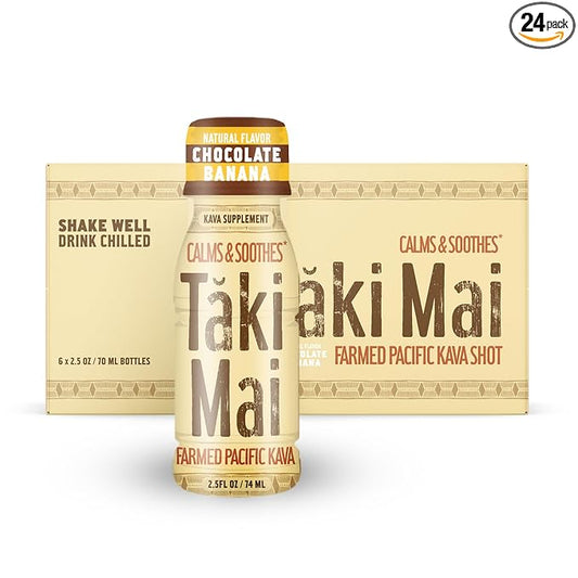 Taki Mai Chocolate Banana Kava Kava 2.5 oz (24-pack) Shots – Noble Kava Root Drink, Ready to Drink for Stress Support & Relaxation, Fast Acting Herbal Support for Calming Better Sleep and Balanced Mood