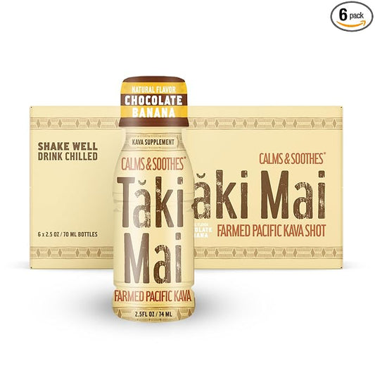 Taki Mai Chocolate Banana Kava Kava 2.5 oz (6-pack) Shots – Noble Kava Root Drink, Ready to Drink for Stress Support & Relaxation, Fast Acting Herbal Support for Calming Better Sleep and Balanced Mood