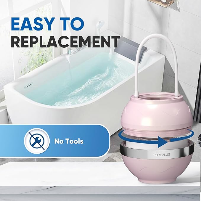 PUREPLUS Bathtub Bath Water Filter for Tub, 8 Stages Kinder Filter for Bathtub, 2500 Gallons Filtration, Removes Contaminants for Softer Skin and Hair, Reduces Chlorine & Heavy Metals, BPA Free, Pink
