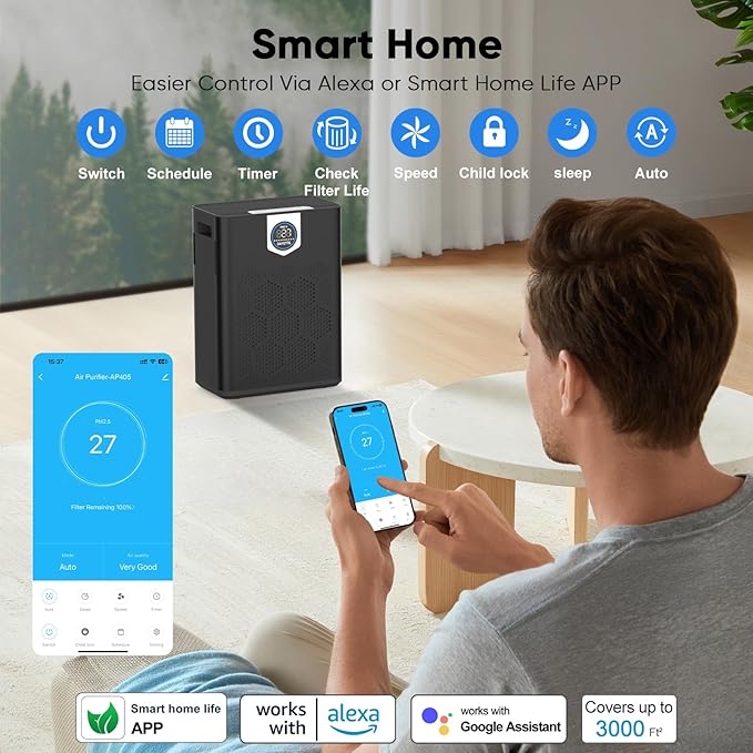 Smart Air Purifiers for Home Large Room, H14 Air Purifier with Washable Filters Up to 3000 Ft², APP & Voice Control & 22 dB Sleep Mode for Bedroom Living Room, Black