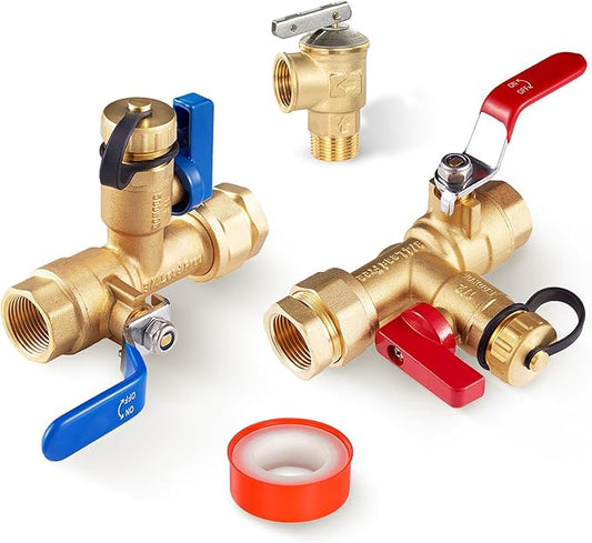 3/4 Inch GUOFIS IPS Tankless Water Heater Valve Kit with Pressure Relief Valve(3/4"FIPx 3/4" FIP),1 Set Water Heater Valve Kit