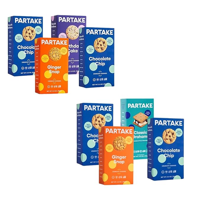 Partake Gluten Free Crunchy Cookies Variety Pack (Chocolate Chip, Ginger Snap, Graham Cracker) - Vegan - Free From the Top 9 Allergens Including Dairy, Wheat, Soy, Eggs, & Peanuts - Non GMO - Safe School & Office Snack (4 Pack, 5.5oz Boxes)