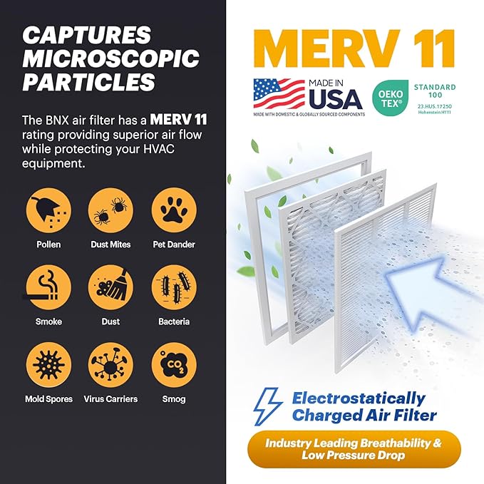 BNX TruFilter 16x16x1 Air Filter MERV 11 (6-Pack) - MADE IN USA - Allergen Defense Electrostatic Pleated Air Conditioner HVAC AC Furnace Filters for Allergies, Dust, Pet, Smoke, Allergy MPR 1200 FPR 7