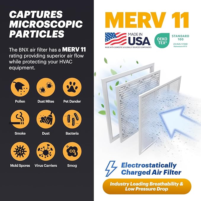 BNX TruFilter 14x14x1 Air Filter MERV 11 (6-Pack) - MADE IN USA - Allergen Defense Electrostatic Pleated Air Conditioner HVAC AC Furnace Filters for Allergies, Dust, Pet, Smoke, Allergy MPR 1200 FPR 7