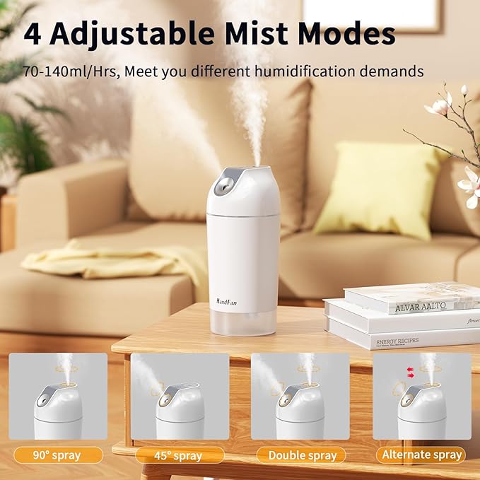 HandFan Small Portable Humidifier Rechargeable, 140ml/h Wireless Ultrasonic humidifier Battery Operated, Mini Personal Cordless Cool Mist Humidifiers, for Bedroom Office Travel Car Plants(Gray)